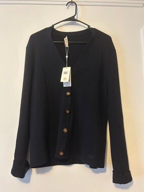 Tory Burch Navy Ribbed Simone Button Cardigan Sweater, NWT, Size XL